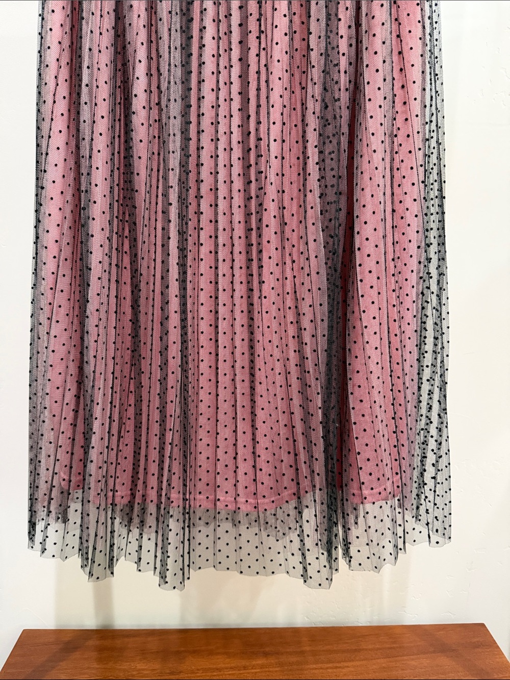 Zara Pink Lined Midi Skirt with Black Polka Dot Overlay - Picture 6 of 7